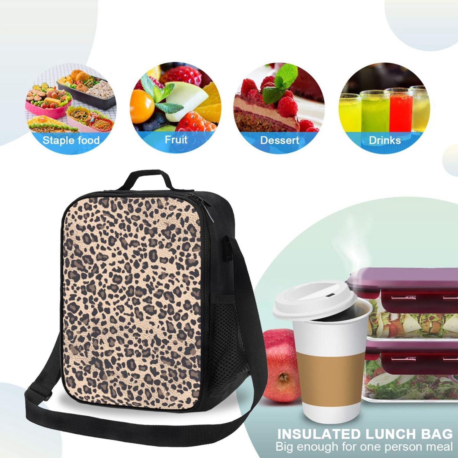 Thermal Insulation One Shoulder Portable Bento Bag Can Be Reused 8×10.5in For Carrying Drinks Bento Box Fruit Snacks Leopard_3