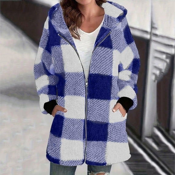 FDGIU Women's Plaid Fleece Zip Up Hooded Jacket - Lightweight Winter Coat with Pockets, Warm Trendy Fall Outerwear