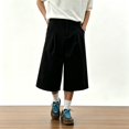 thumbnail image 2 of Migroa Men's Baggy Wide Leg Casual Shorts Mens Capri Pants Men’S Linen Pants Pleated Dress Business Elastic Waist Summer Shorts with Pockets Black L, 2 of 6