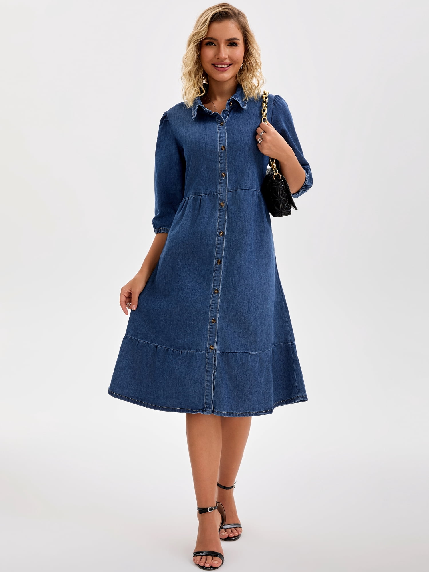 DARING DIVA Women's 3/4 Sleeve Button Down Collar Swing Tiered Dress 2XL Dark Blue