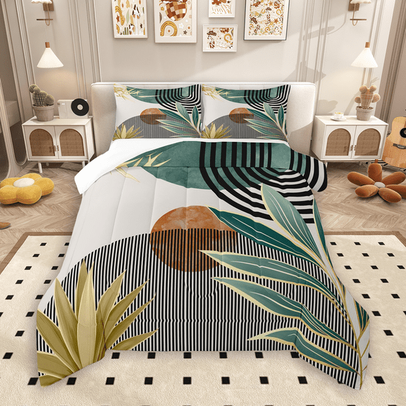 Manfei Beige Green Brown Bedding Comforter Set 2pcs, Aesthetic Geometric Twin Comforter Sets, Nature Minimalist Bedding Set, Lightweight Room Decor