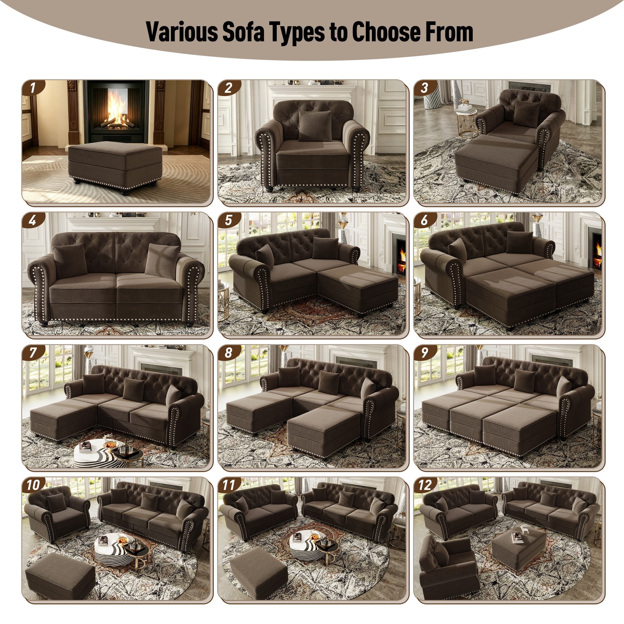 DEALTOPS 41.3 Inch Reversible Chesterfield Velvet Accent Chair with Ottoman, Tufted Nailhead Trim, Brown