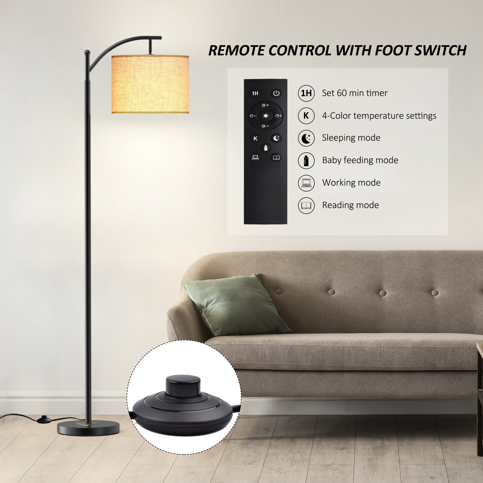 JURULU 62'' Arched/Arc Floor Lamp with Remote Control and Bulb Included,White Lampshade