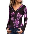 thumbnail image 2 of Gvmfive Women's Juniors Printed Long Sleeve Blouse V-Neck Buttons Casual Pullover Tops, 2 of 3