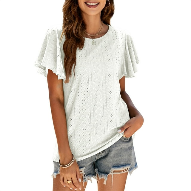 Guardurnaity Camiseta de mujer con volantes de Color sólido cuello lindo pulóver blusa trabajo nocturno viaje básico verano moda Top ropa Prendas para la parte del cuerpo Blanco L Guardurnaity AP011064-28