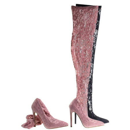 Xaya15 by Liliana, Thigh High Soft Legging, Sock Floral Lace Covered Dress Pump On High (Best Legs In High Heels)