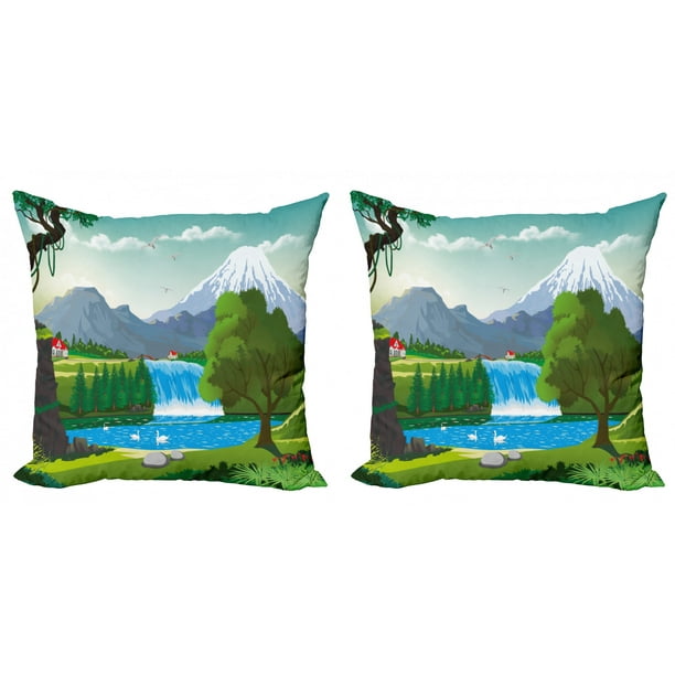 Travel Throw Pillow Cushion Cover Pack Of 2 Cartoon Style Landscape Of A Lake Near A Waterfall With Mountains On The Back Zippered Double Side Digital Print 4 Sizes Multicolor By Ambesonne