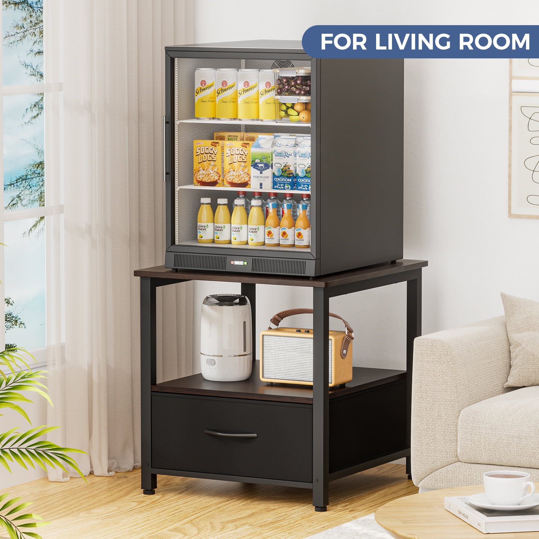 Mini Fridge Stand with Storage, Heavy Duty Mini Fridge Cabinet with Fabric Drawer, Wood Beverage Refrigerator Stand Table for Dorm, Office, Bedroom, Load 220LBS, Black Walnut