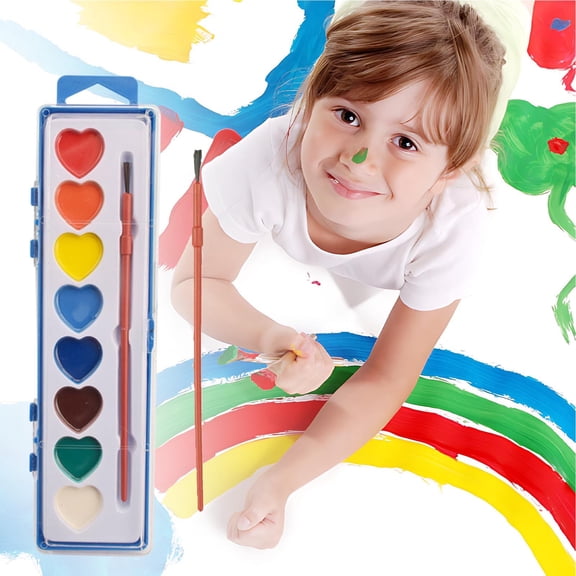 ZhyrZng Watercolor Paint Set for Kids Beginners - Heart Shaped 8 Color Palette with Brush featuring Portable Case for Art Class & DIY Crafts with Durable Plastic Material