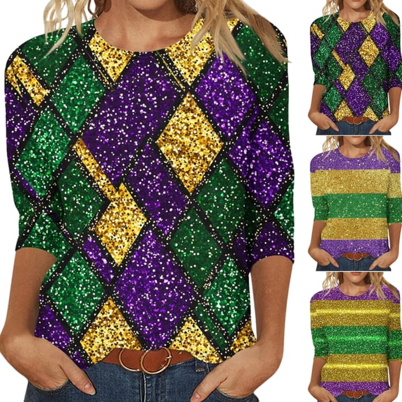 Mardi Gras Womens Top Striped 3/4 Sleeve Funny Mask Graphic Crew Neck Tee Shirt Loose Fitted Tunic Party Tops Fashion Mardi Gras Clothes 2026