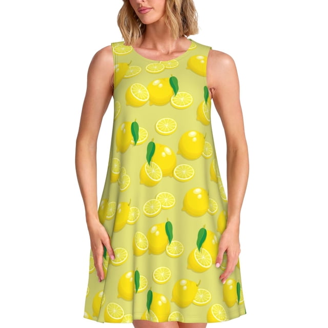 Fotbe Bright Lemons Vestido de Verano sin Mangas para Mujer – Vestido Midi Línea A, Estilo Camiseta Floral, Vestido Playero Casual y Fluido