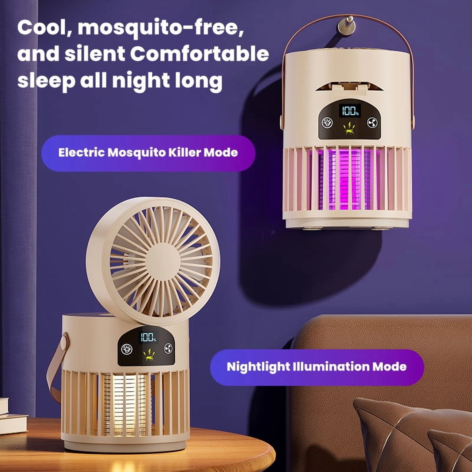 6-in-1 Portable Mosquito Killer Fan with 5 Wind Speeds, Multifunctional for Outdoor Camping & Home Use（Cream）