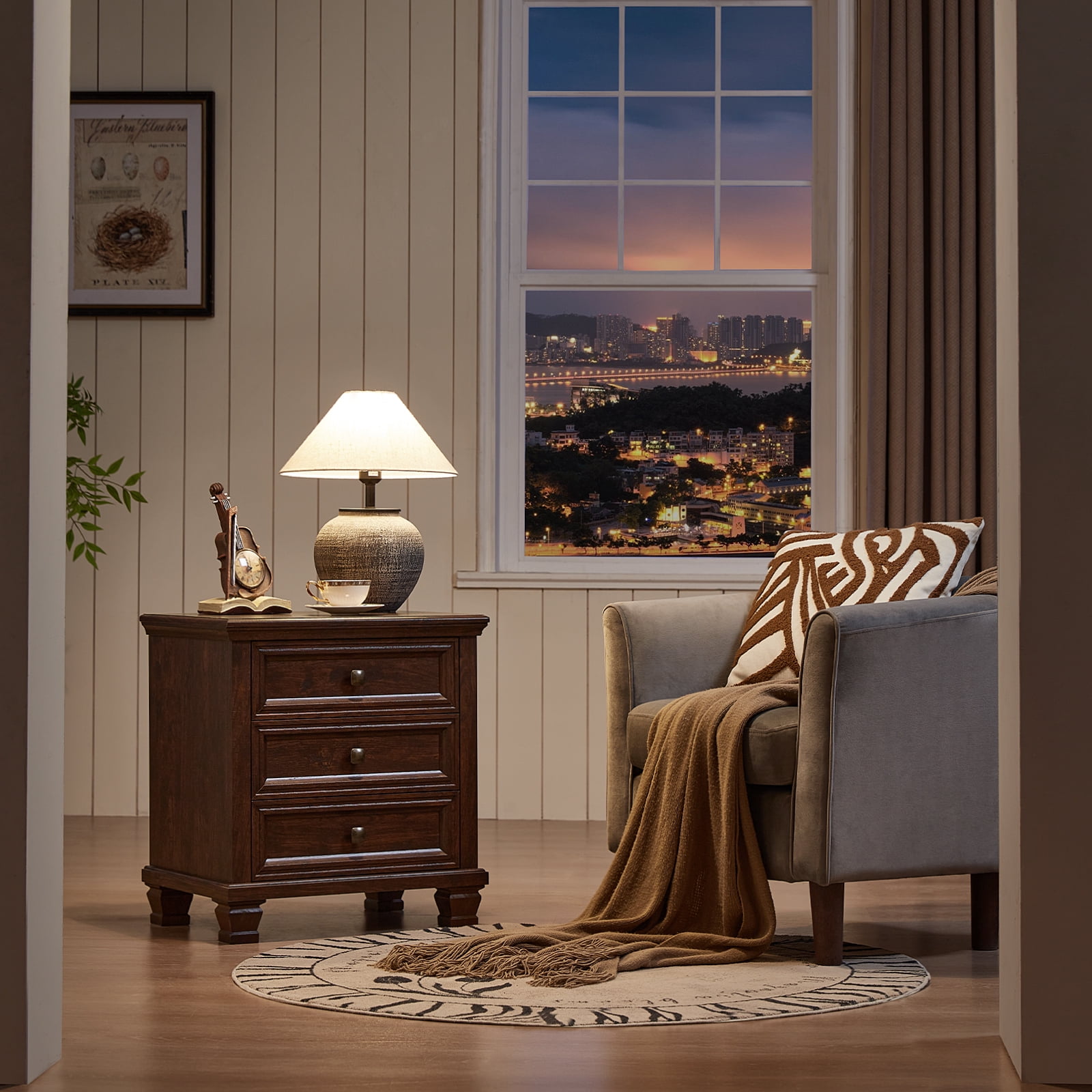 Buildhom Farmhouse 3-Drawer Nightstand with Solid Wood Legs, Rustic End Table for Bedroom & Living Room, Walnut