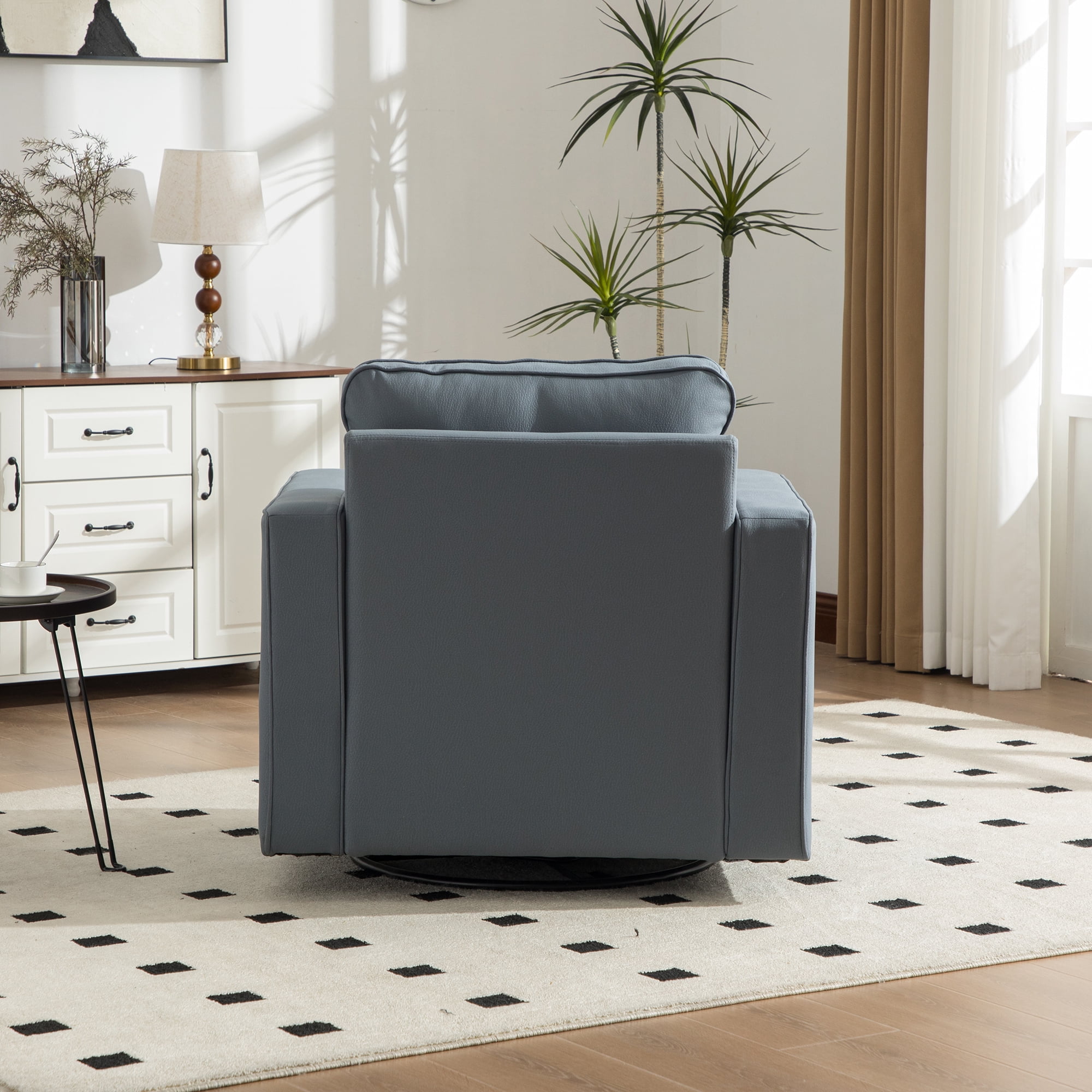 Leumius Swivel Armchair with Hidden Storage,33.6''W Upholstered 360° Accent Chairs with Pillow,Square Club Chair Single Sofa for Living Room,Blue
