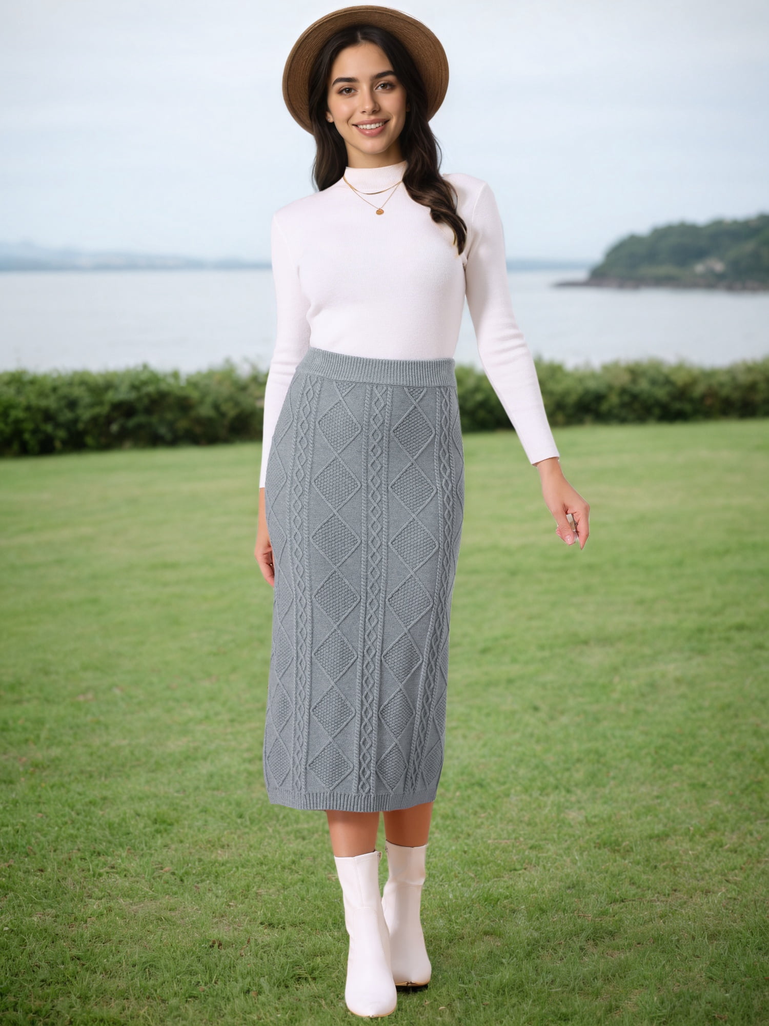 DARING DIVA Women's Ribbed Knit Elastic High Waist Sweater Midi Skirt M Grey