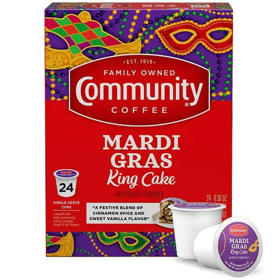 Community Coffee Mardi Gras King Cake Flavored 24 Count Coffee Pods, Medium Roast, Compatible with Keurig 2.0 K-Cup Brewers, 24 Count (Pack of 1)