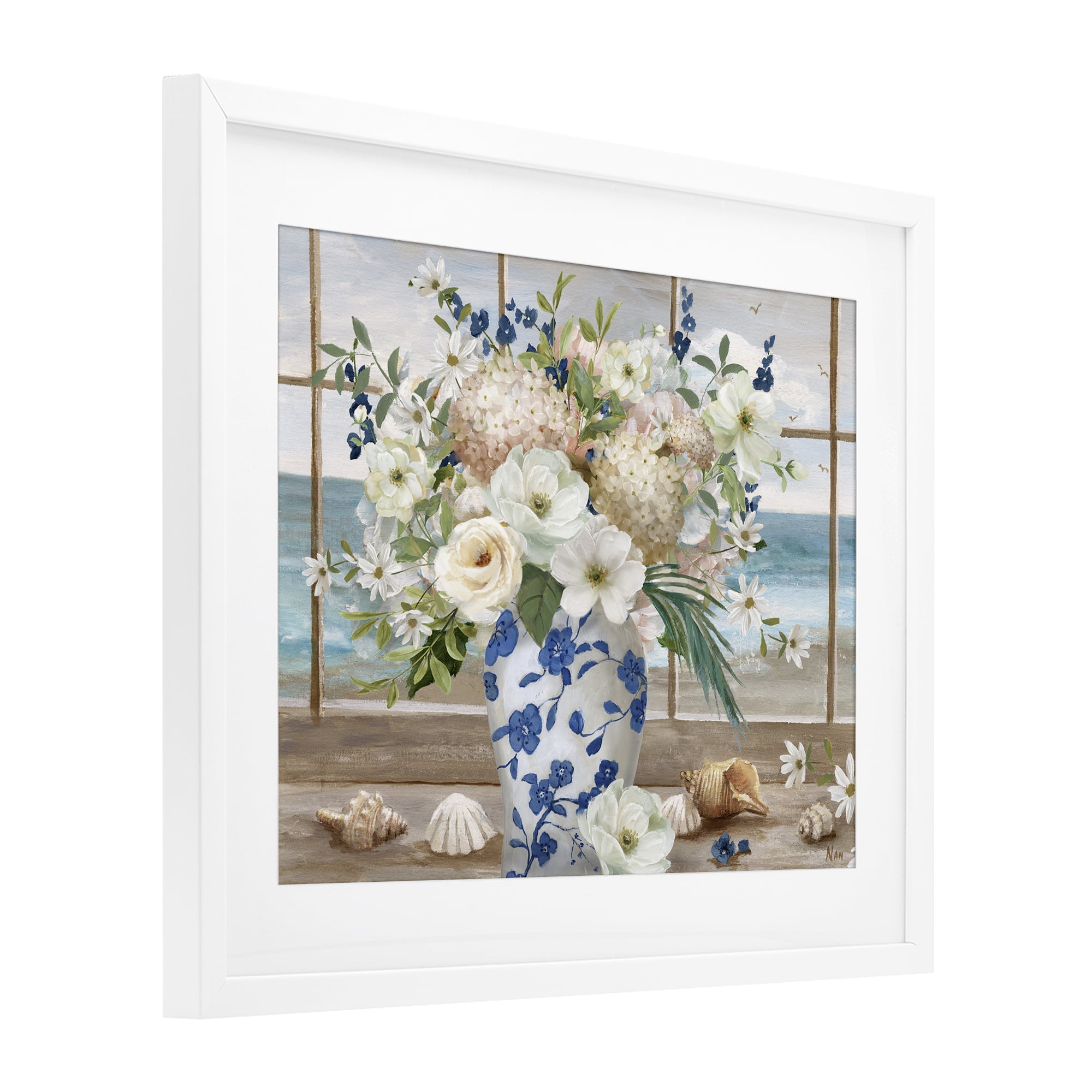 Stupell Industries Seashells & Flowers Windowsill White Framed Print Under Glass, design by Nan