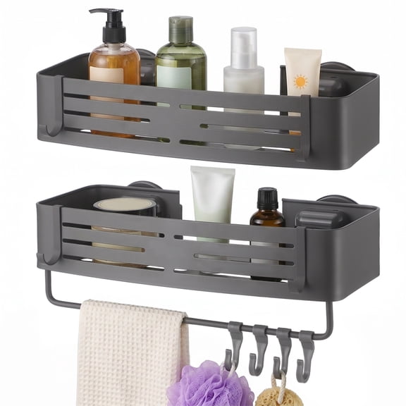 2 Pcs Square Shower Caddy, Double-Layer Suction Cup No-Drilling Aluminum Organizer, Gray Wall Mount Bathroom Shelves with Towel Bar & Hooks, Space-Saving for Shower & Kitchen