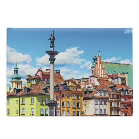 Travel Cutting Board, Scenic Summer Castle Square Sigismund Column Old Town in the Warsaw Poland, Decorative Tempered Glass Cutting and Serving Board, Large Size, Multicolor, by Ambesonne