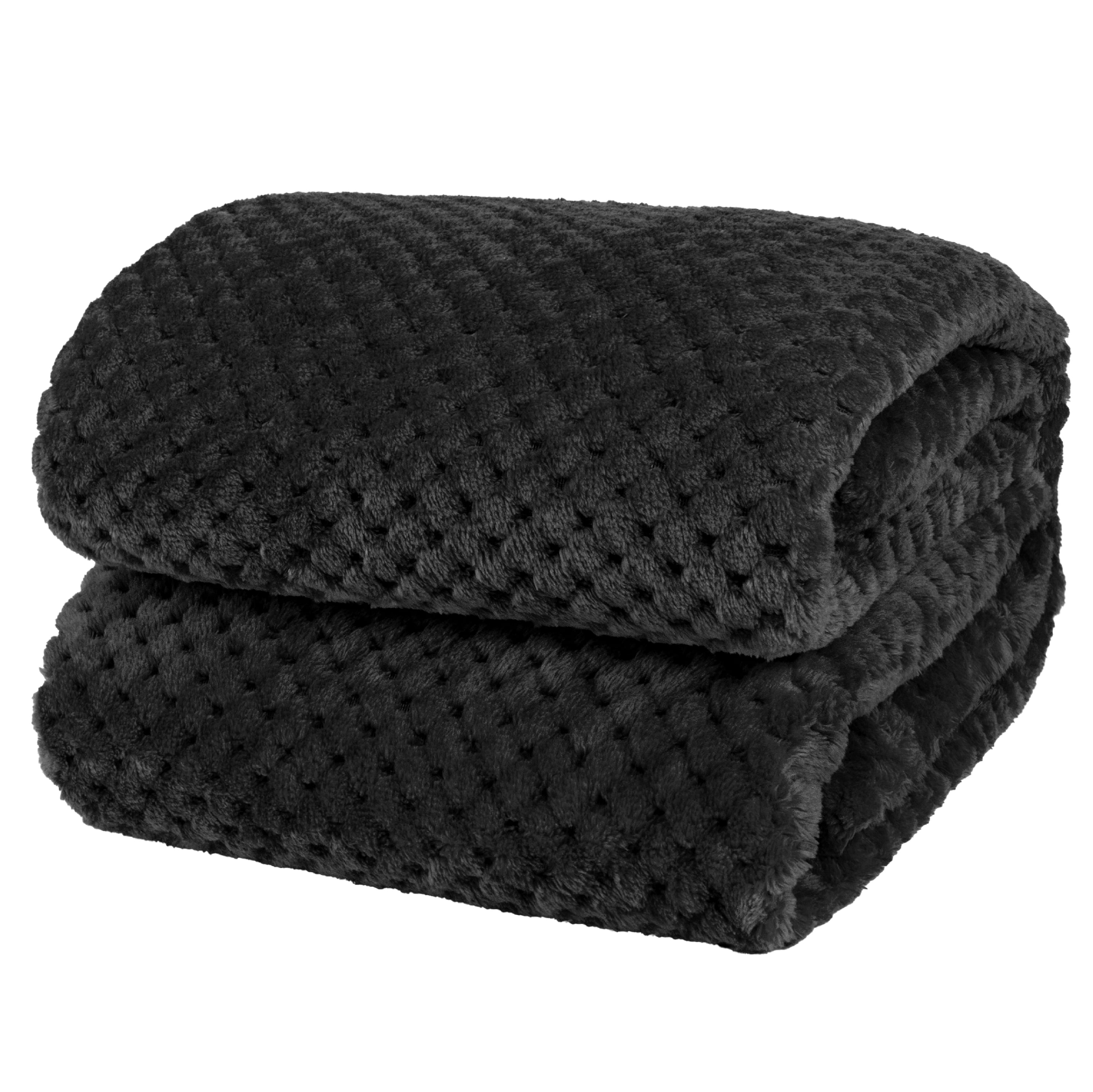 PAVILIA Waffle Fleece Throw Blanket for Couch Twin Bed Black, Super