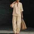 thumbnail image 4 of Miluxas Women's Summer Lightweight 2 Piece Outfits Loose Fit V Neck Short Sleeve Blouse and High Waist Wide Leg Pants Casual Set Khaki, 4 of 7
