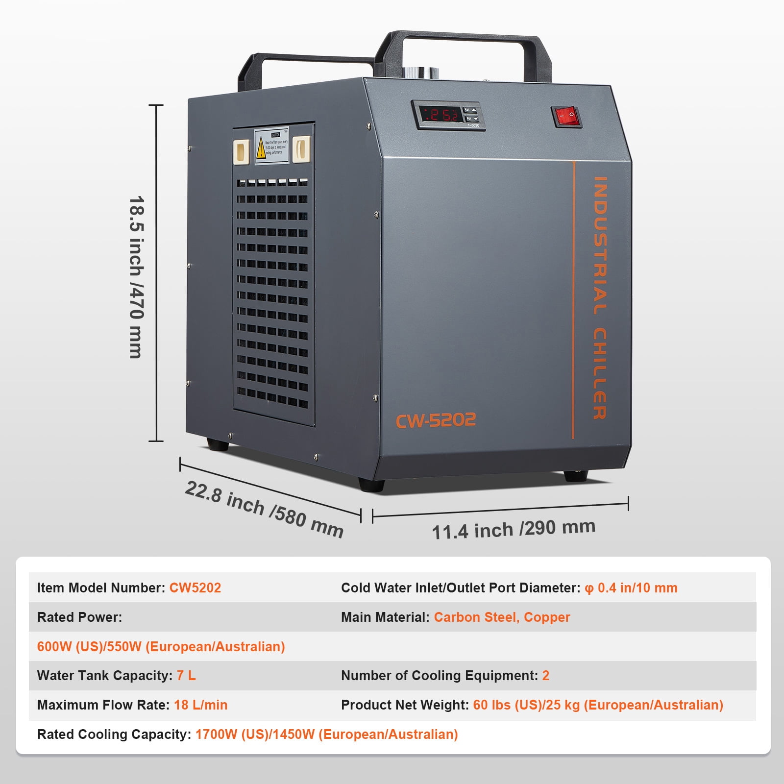 KFFKFF Commercial Water Chiller, CW-5202, Business Water Cooling System with Integrated Compressor, 7L Water Reservoir Capacity, Maximum Flow Rate of 18 L/min