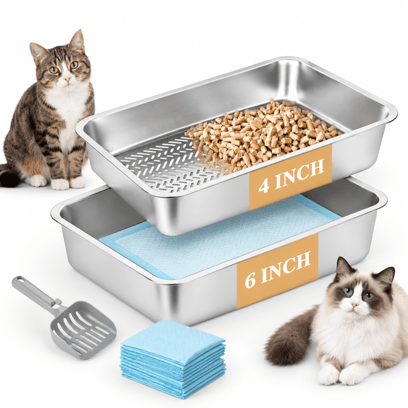 XXL Stainless Steel Sifting Cat Litter Box with Scoop and Pee Pads for Indoor Cats