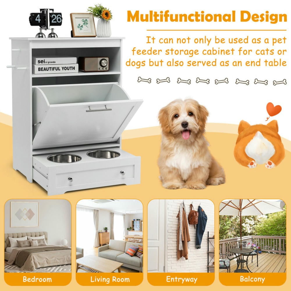 Topcobe Pet Feeder Station with with Storage Cabinet and 2 Elevated Dog Bowls, Hidden Dog Feeding Station-White