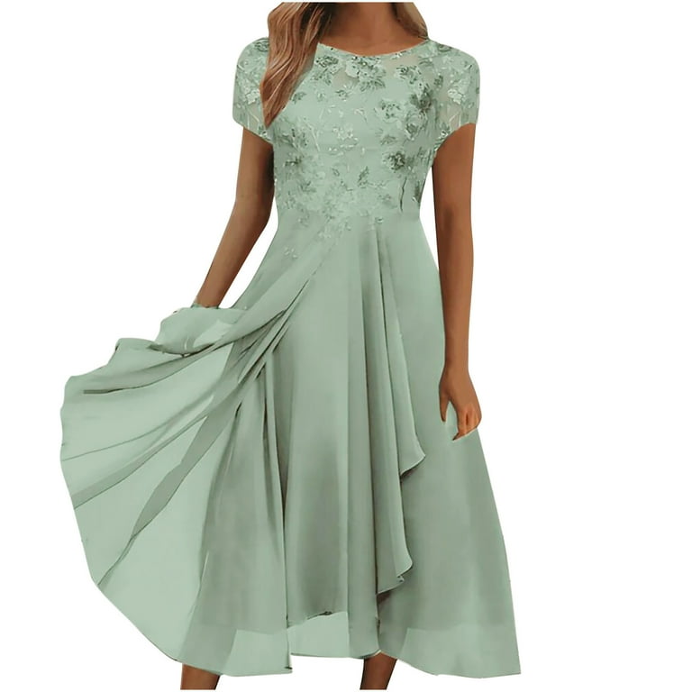 Lace Wedding Guest Dresses for Women Elegant 2023 Mother of The Bride Groom Dresses Chiffon Formal Evening Midi Dress Cocktail Party Dress Floral Flowy Swing Prom Dresses Walmart