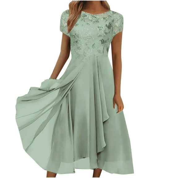 ZQGJB Elegant Maxi Dresses for Women Casual Summer Short Sleeve Lace Patchwork Crewneck Pullover Tshirt Dress Loose Flowy Prom Evening Party Dress Green M
