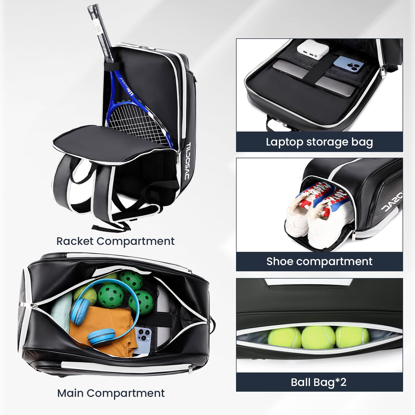 CCGTIOR Multi-Use Beach Tennis Bag For Sport Convertible Padel Backpack - Laptop Sleeve, Ball Sleeve, Fence Hook, Easy Access,Shoe Compartment (Black-White)