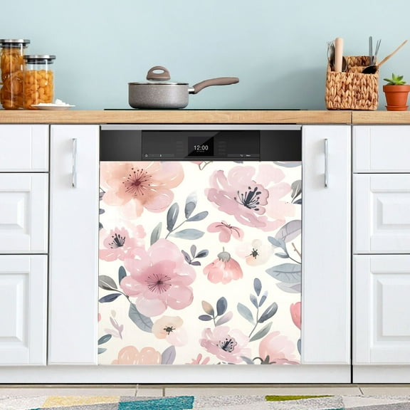 Pale Watercolor Flower Dishwasher Magnet Cover Magnetic Fridge Door Cover Home Kitchen Decor 23"x 26"