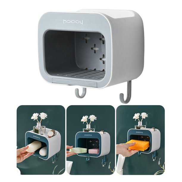 Jabonera de montaje en pared, soporte para caja de jabón, estantes adhesivos, cesta, soporte para colgar toallas de mano con bandeja de drenaje, Gris Soledad Jabonera