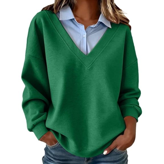 Ohufall Oversized Two-In-One Sweater for Women, Deep V Neck Built-In Collar Casual Layering Top
