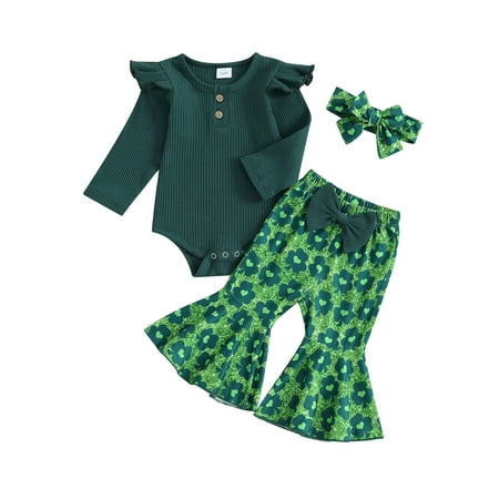 

Baby Girls St. Patricks Day Outfits Long Sleeve Ribbed Romper + Flare Pants + Headband Set Infant Clothes
