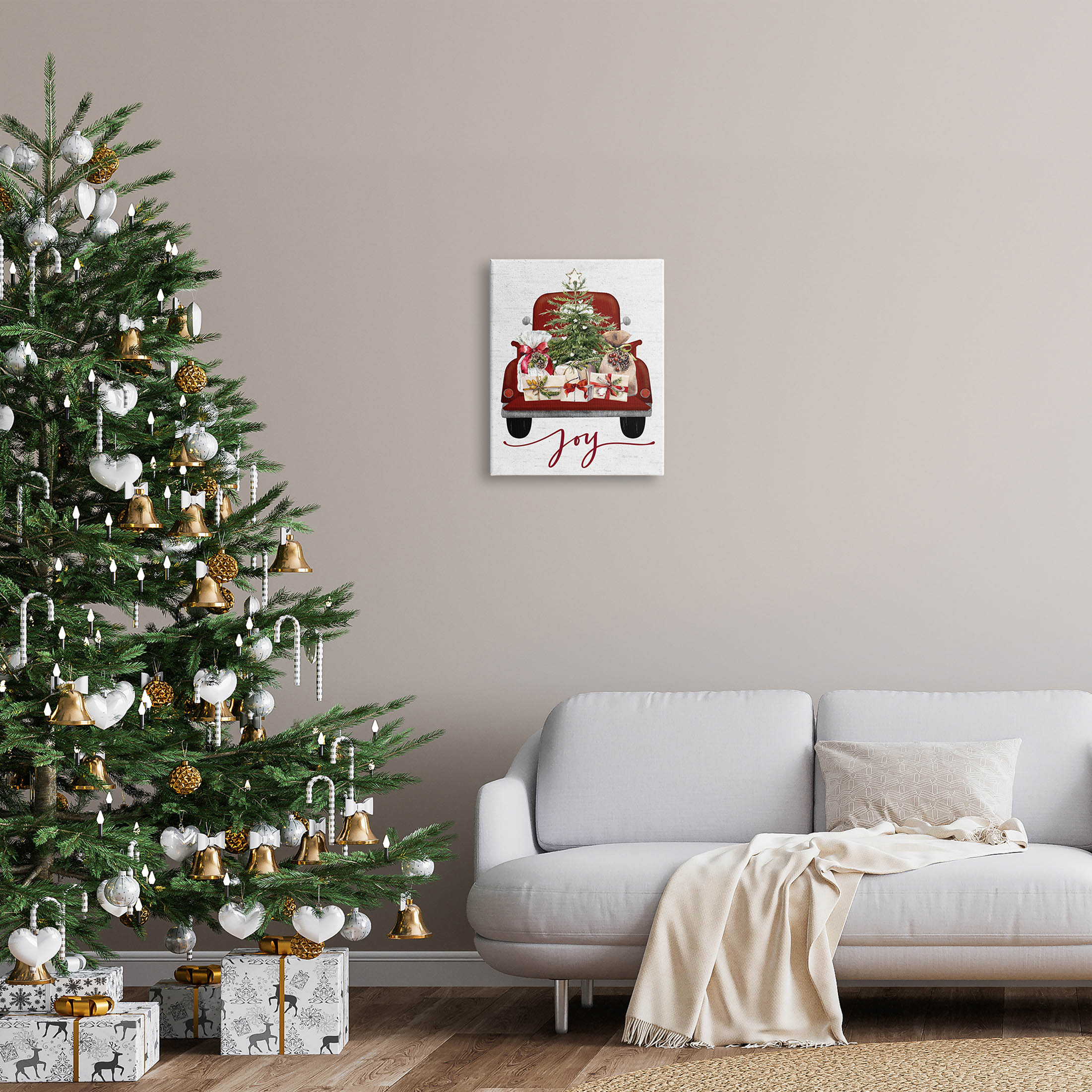 Stupell Industries Joy Holiday Red Gift Truck Graphic Art Gallery Wrapped Canvas Print Wall Art, Design by Lettered and Lined