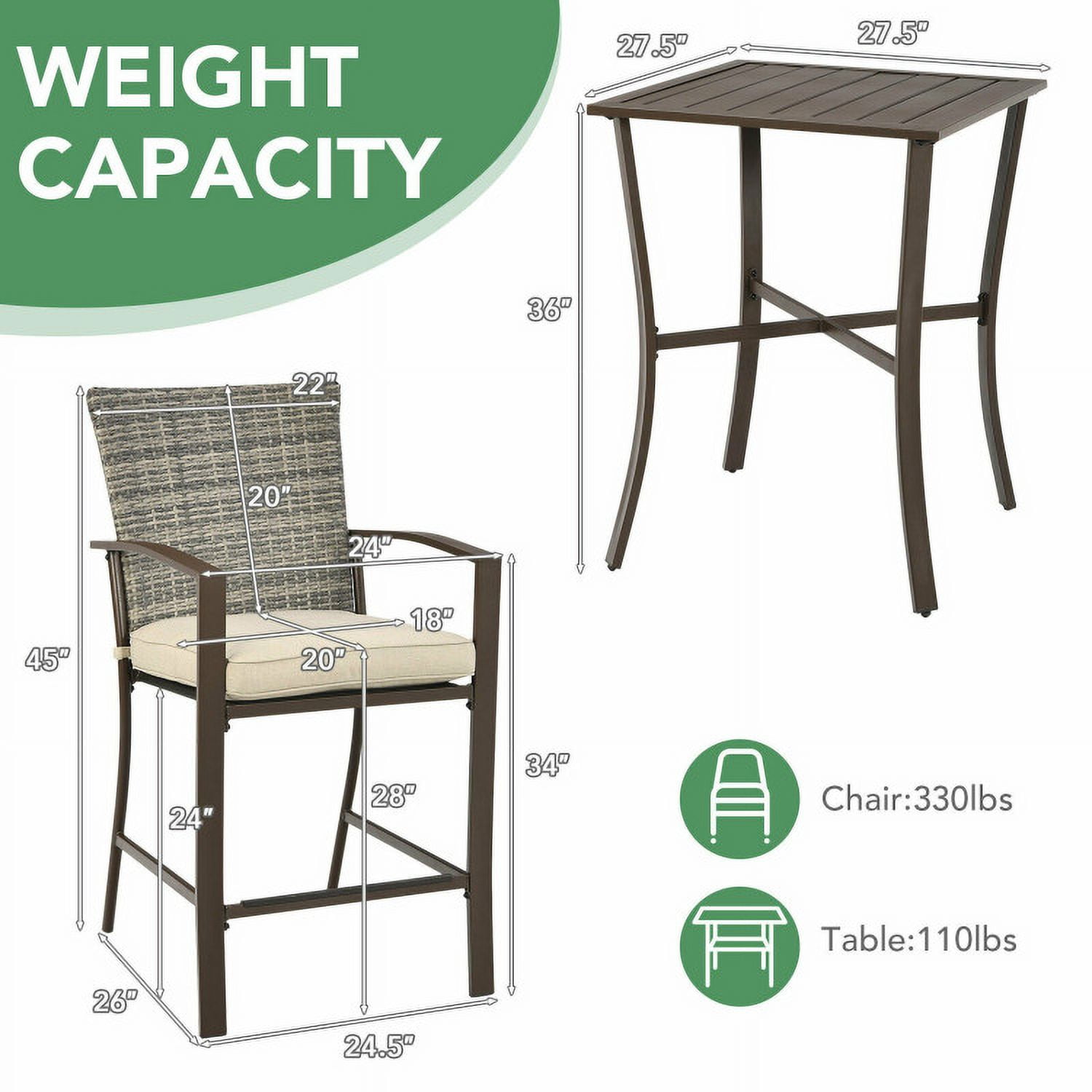 Aimee Lii 3 Pieces Rattan Bar Furniture Set with Slat Table and 2 Cushioned Stools, Outdoor Patio Furniture, Brown Aimee Lii 3 Pieces Rattan Bar Furniture Set with Slat Table and 2 Cushioned Stools, Outdoor Patio Furniture, Brown