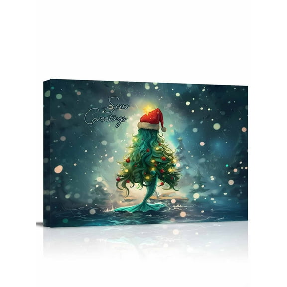 Christmas Green Canvas Print Wall Art Framed Canvas Art Wall Decor Xmas Tree Mermaid Abstract Modern Design Pictures Painting Morden Artwork for Living Room Bedroom, Ready to Hang - 12"x16"
