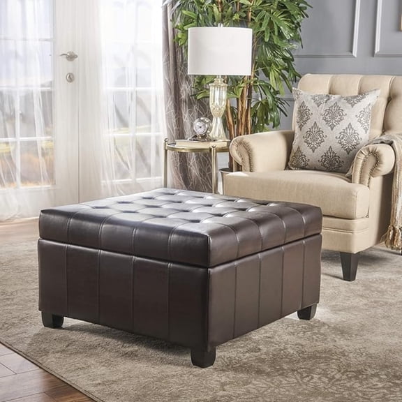 Tufted PU Leather Storage Ottoman with Button Details, Upholstered Footrest with Storage for Living Room, Dark Brown