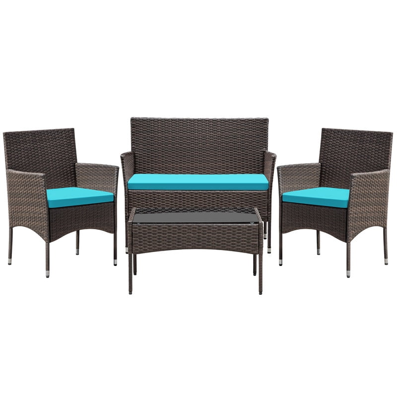 Vineego 4 4PCS Patio Furniture Set Outdoor Conversation Rattan Chairs with Cushion and Loveseat Glass Table for Garden Backyard Porch, Brown/ Blue
