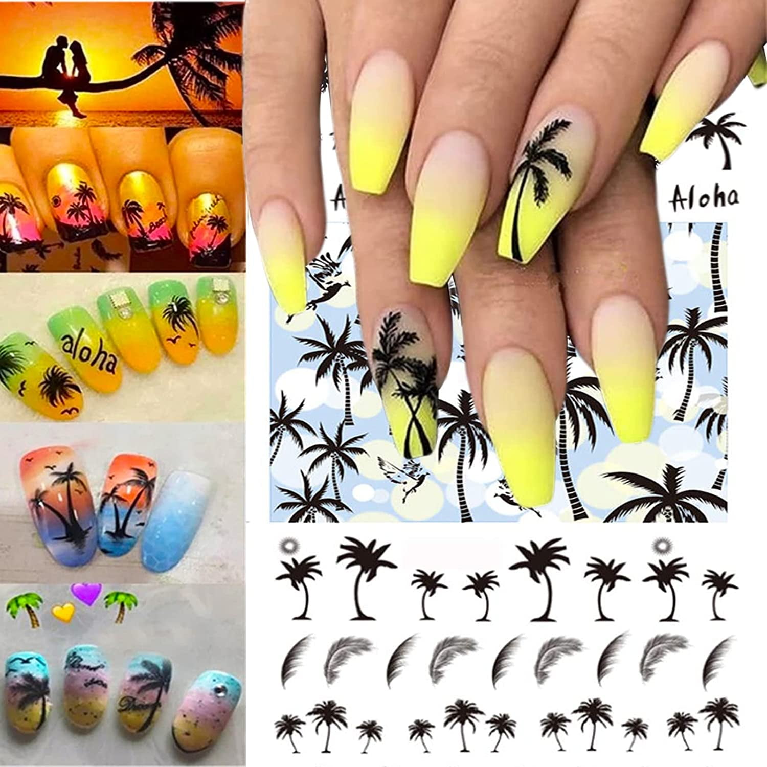 3 PCS Summer Style Coconut Trees Nail Stickers Beach Nail Water Decals  Transfer Black Feather Nail Art Leaves Nail Tattoo Decal 