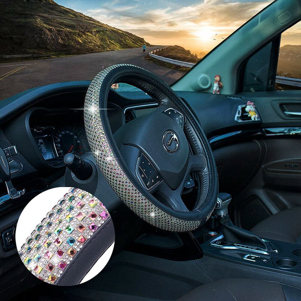 HOLDCY Steering Wheel Cover, Colorful Bling Crystal Diamond Car Wheel Protector, Compatible with Most Cars and Trucks with 14.5 to 15 Inch Steering Wheels, for Car Accessories Women Girls