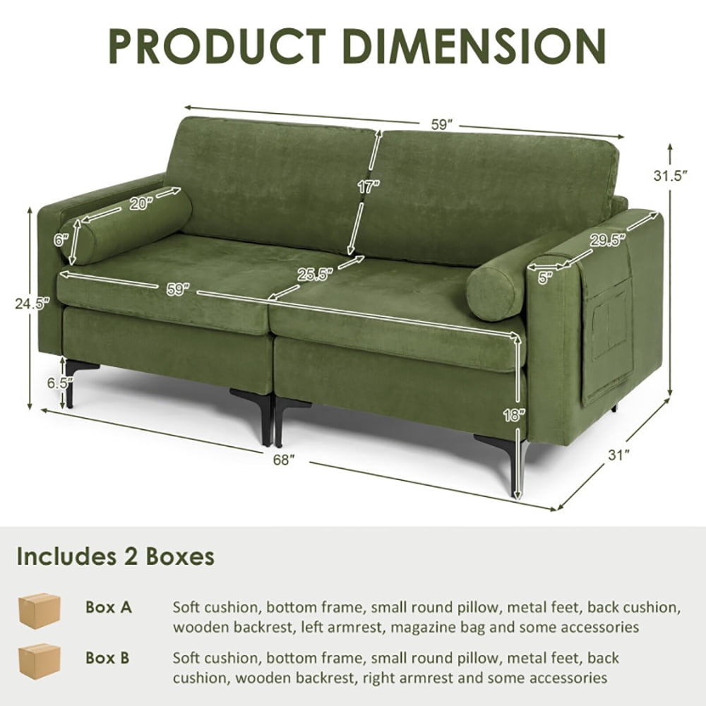 Finihen Sectional Sofa Couch, Loveseat Sofa, Modern Loveseat Sofa with 2 Bolsters and Side Storage Pocket, for Living Room, Army Green Finihen Sectional Sofa Couch, Loveseat Sofa, Modern Loveseat Sofa with 2 Bolsters and Side Storage Pocket, for Living Room, Army Green
