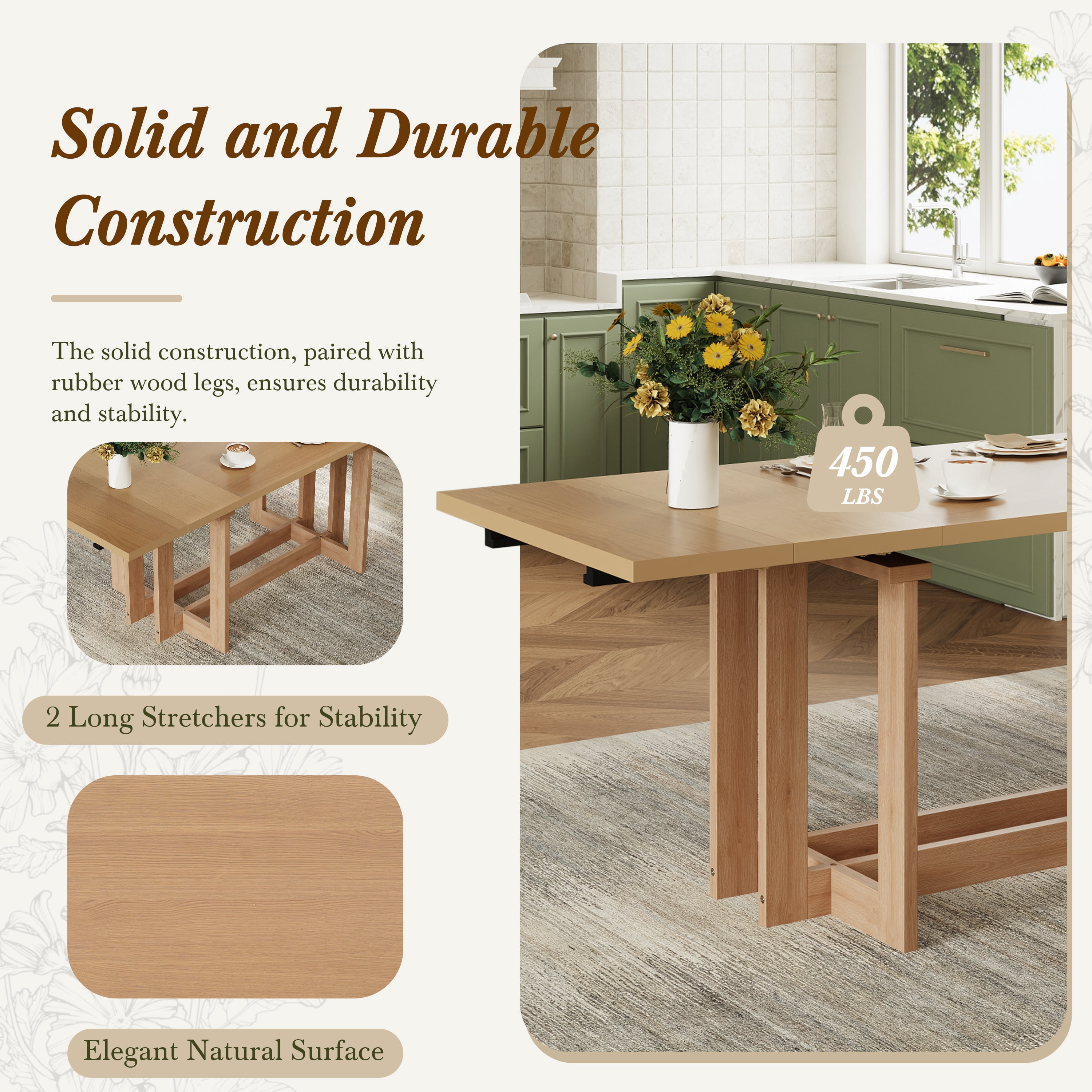 Euroco 58"-82" Extendable Dining Table for 6, Large Rectangular Kitchen Table with Removable Leaves, Solid Wood Rustic Table for Dining Room,Home Office, Living Room,Natural