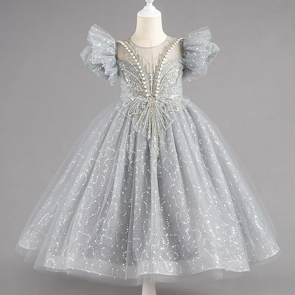 NAISIBABY Girls Princess Dress (3-14T), Ruffles Sleeve Sparkly Mesh Elegnat Embroidered Tulle Birthday Party Pageant Formal Dress Gray 13T