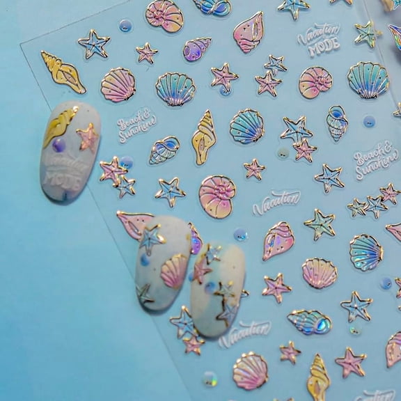 3D Nail Stickers for Nail Art, Embossed Self-Adhesive Cute Nail Charms & Decals for DIY Nails, Easy-to-Apply Nail Design Supplies & Accessories for Home Manicure-Colorful Summer Shells