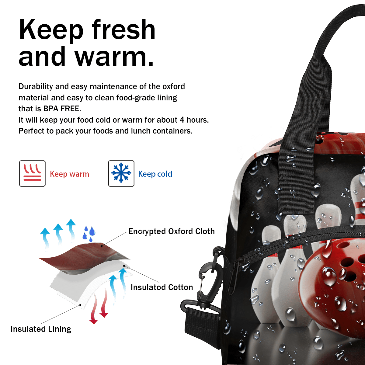 Herdesigns Bowling Ball Sports Insulated Lunch Bag for Women Men Adults Large Reusable Lunch Box Leakproof Portable Cooler Tote Bags with Adjustable Shoulder Strap