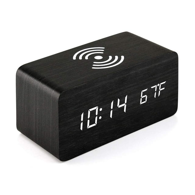 Reloj despertador con plataforma de carga inalámbrica Compatible con reloj digital LED Función de control de sonido, hora, fecha, visualización de temperatura - Negro