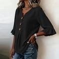 thumbnail image 2 of Cilsoka 3/4 Length Ruffle Sleeve Womens Tops Cotton Linen V Neck Button T Shirts Summer Beach Casual Boho Three Quarter Sleeve Tops, 2 of 6