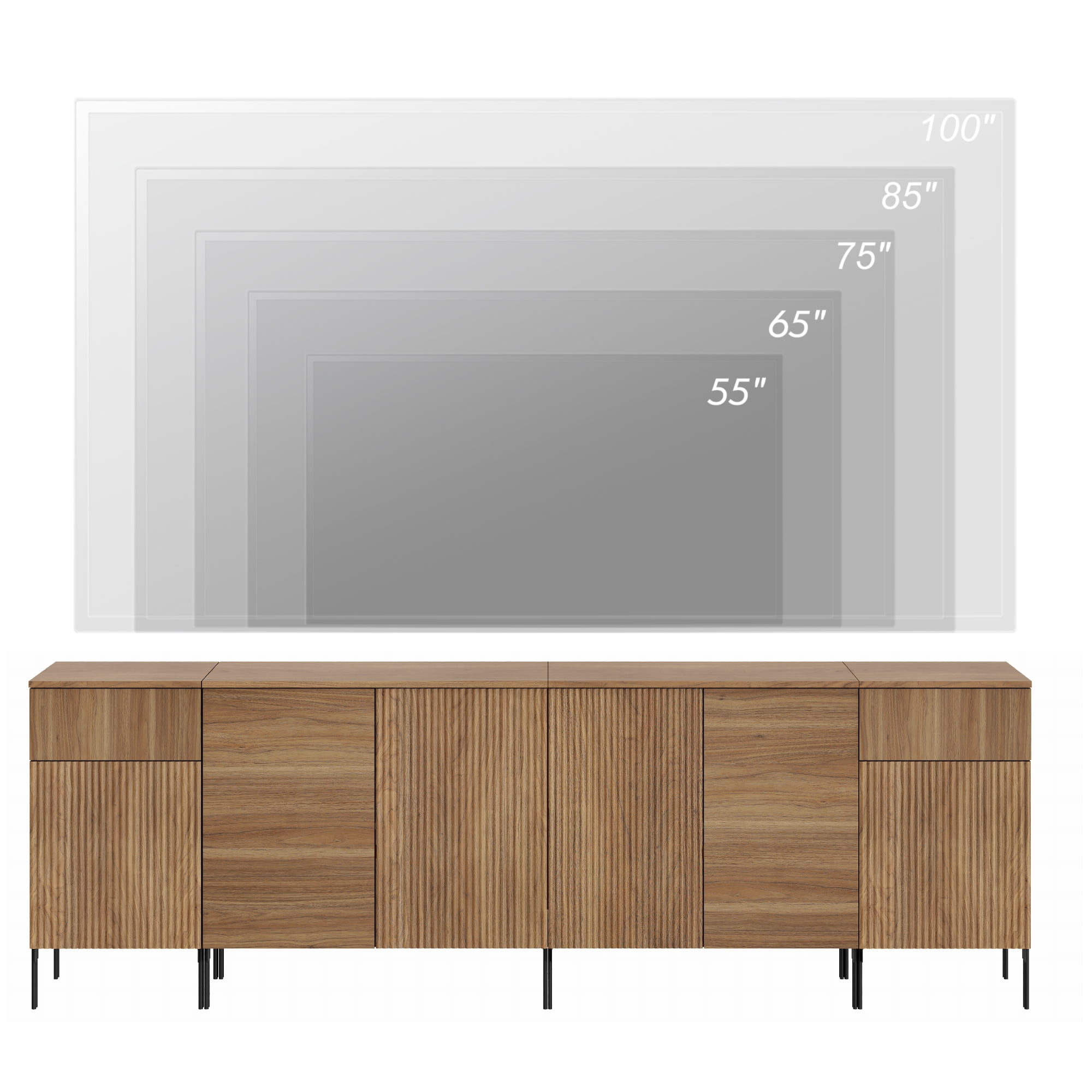 94.5" Modern Wood Reeded Drawer Dresser with Doors, Minimalist Dresser Organizer Storage Cabinet With Charging Station for Bedroom,Living room, Entryway